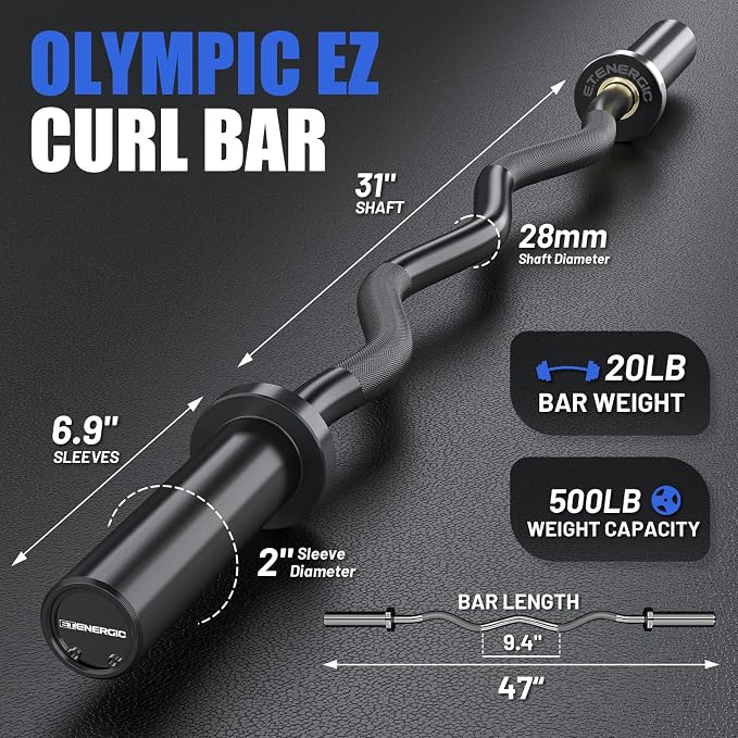 47” Solid Steel Olympic Curl Bars, 500LB | EZ and Super EZ curl bars with knurled grips, rotating sleeves, solid steel build, and 2-inch Olympic plate compatibility