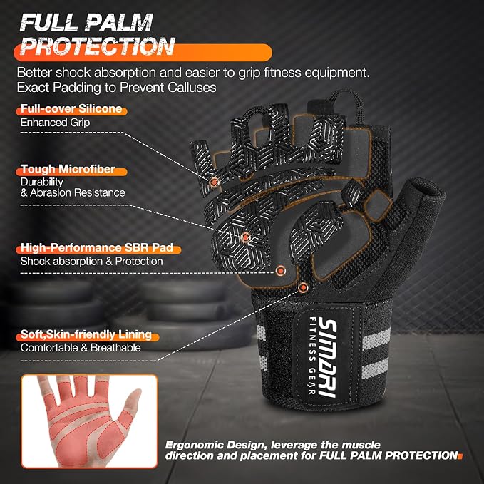 SIMARI Workout Gym Gloves for Men Women, Weight Lifting Gloves with Wrist Wrap Support, SBR Pad Grip for Full Palm Protection, for Exercise, Fitness, Dumbbells, Barbell, Climbing, Fingerless