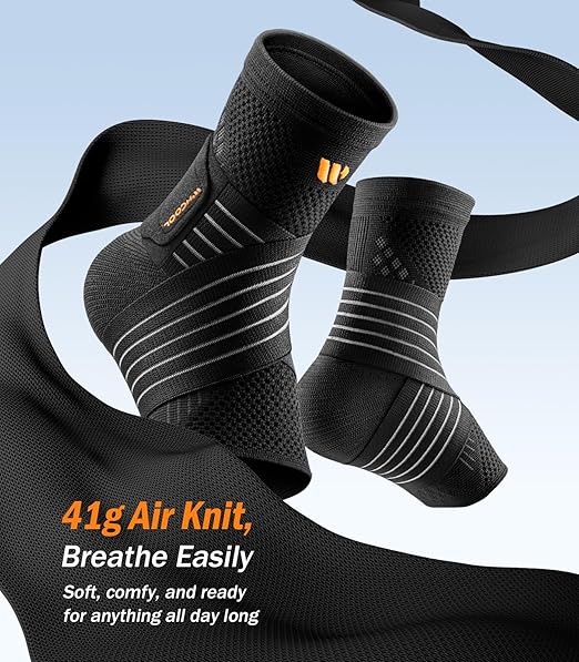 Low-Profile Ankle Braces for Women & Men, Customizable Ankle Compression Sleeve w/Wide Strap, Foot Support Wrap for Plantar Fasciitis Pain Relief, Achilles Tendonitis, Sprain, Black, 1 Pair, XL