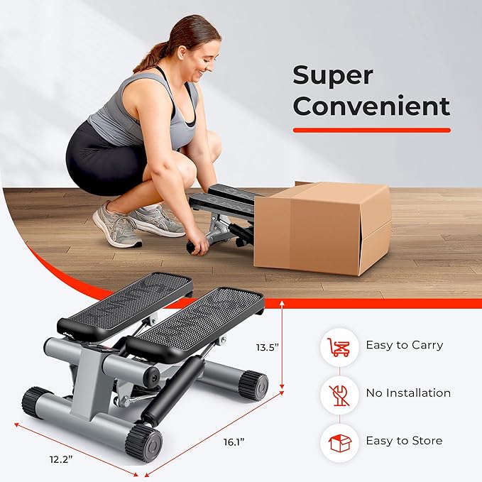 Sunny Health & Fitness Mini Stair Stepper w/Resistance Bands for Home Gym | Full Body Cardio, Adjustable Step Height, Hydraulic Resistance, LCD Meter, No Assembly, 300 lb Capacity, SunnyFit App