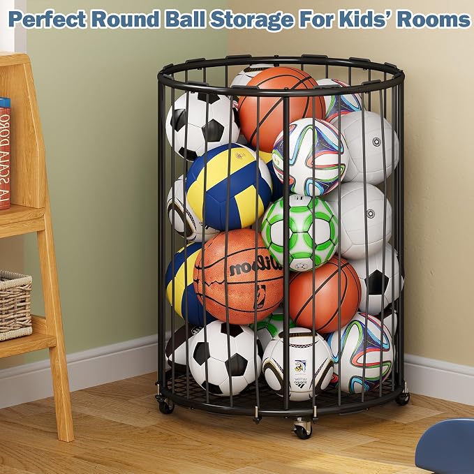 Hencawima Garage Ball Storage: Round Sports Equipment Organizer with Wheels, Sports Ball Rack With Elastic Rope, Ball Holder for Basketball, Soccer, Volleyball, Football, Garage, Gym, Outdoor (Black)