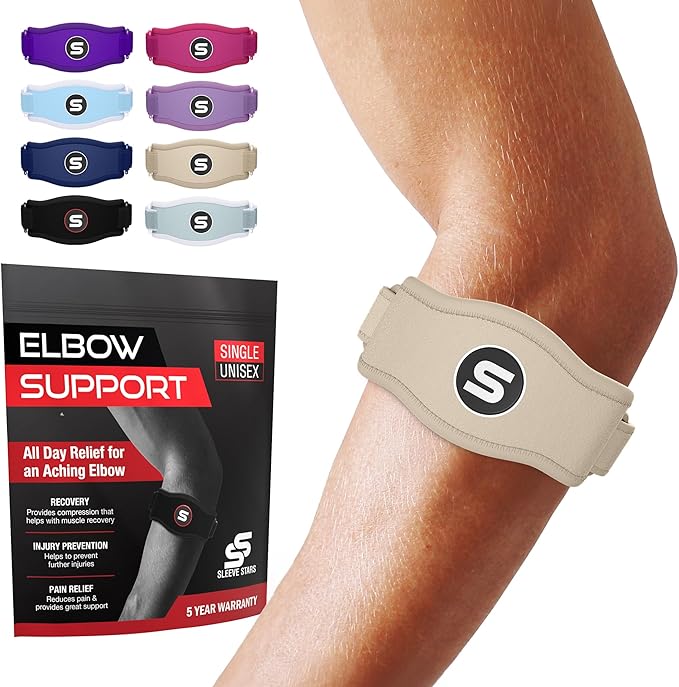 Sleeve Stars Tennis Elbow Brace for Men & Women, Elbow Brace for Tendonitis, Tennis Elbow Strap, Golfers Elbow Brace, Elbow Support Wrap for Tennis Elbow Relief, Fits 9"-23" (Single/Beige)