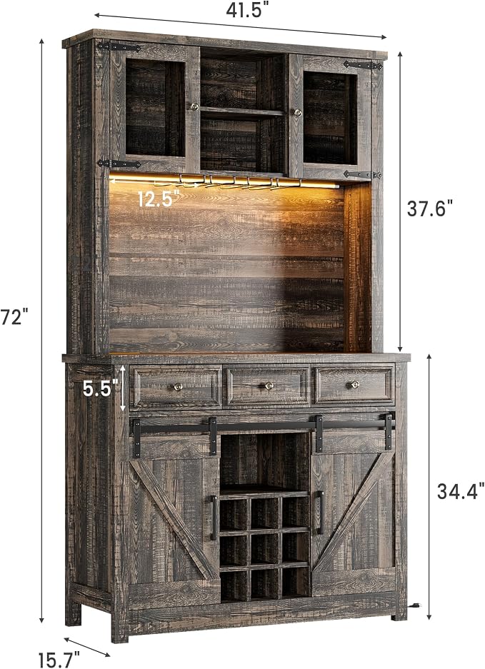 GarveeHome 72" Farmhouse Coffee Bar Cabinet with LED Lights & Power Outlets | Tall Kitchen Buffet Hutch with 3 Drawers & Wine Glass Rack, Sliding Barn Door, Ample Storage for Home Bar, Dark Oak