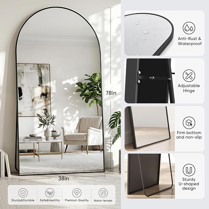 Full Length Mirror, 78"x38" Arched Floor Mirror Freestanding, Floor Standing Full Body Mirror with Stand for Bedroom, Hanging Mounted for Living Room Cloakroom, Black
