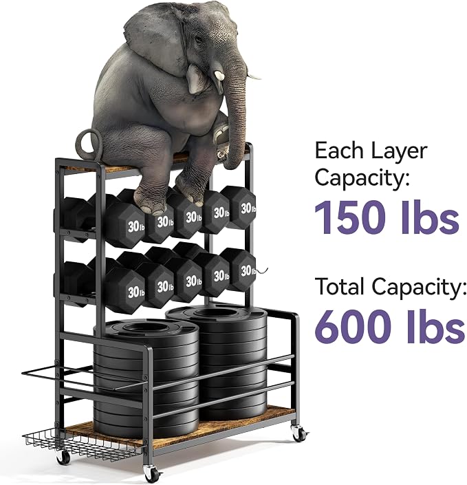 Dumbbell Rack with Wheels, 3-Tier Home Gym Storage Rack, Workout Equipment Organizer with Lockable Casters, Hooks, Side Basket and Wood Shelves