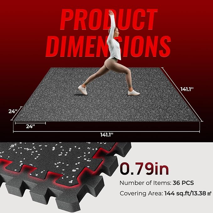 SUPERJARE 0.79'' Extra-Thick Exercise Equipment Mats, 36 Pcs 144 Sq Ft Rubber Top Floor Tiles with High Density EVA Foam, Interlocking Gym Flooring for Home Gym, Workout Mat, Black/Grey