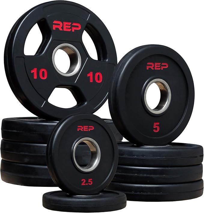 REP Fitness Rubber Coated Olympic Plates, Updated Design - Tri-Grip Olympic Barbell Weights – Sold in Pairs and Sets…