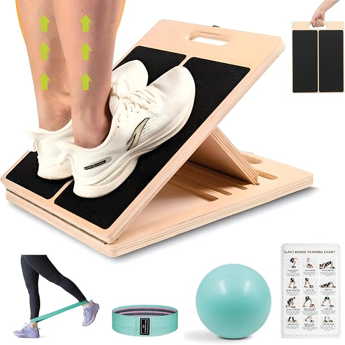 Slant Board for Calf Stretching with Resistance Band, Fitness Ball & Training Poster, 300 lbs Adjustable Wooden Incline Board, Portable Calf Stretcher for Physical Therapy Equipment & Leg Training