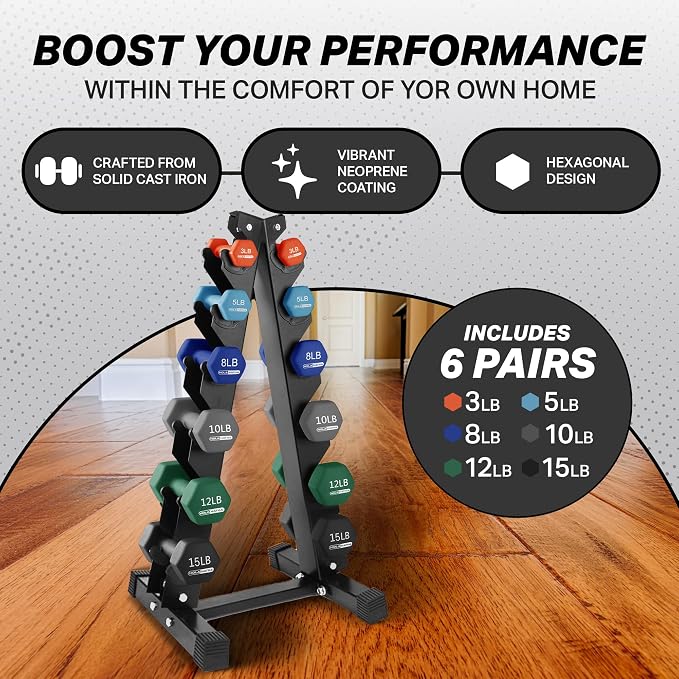 HolaHatha 1, 2 and 3 lb Neoprene Dumbbell Strength Training Weight Set with Rack