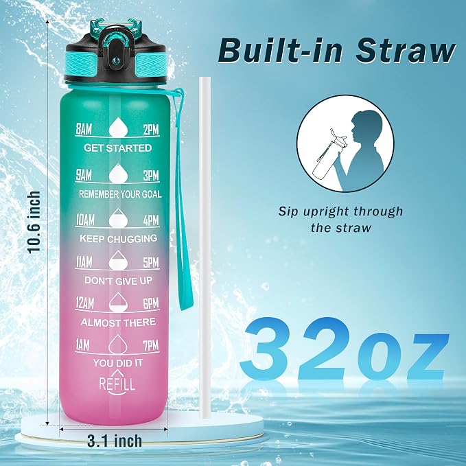 YC Kitchen Motivational Water Bottle with Time Marker - 32oz, Leak-proof BPA Free Sports Water Bottles with Straw & Carrying Strap