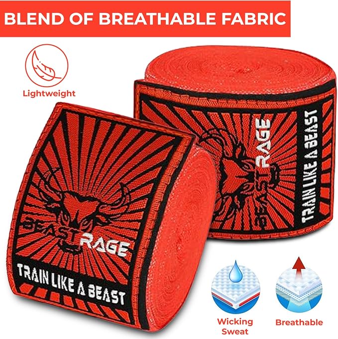 BEAST RAGE Boxing Hand Wraps for MMA Kickboxing Wrist Wraps Professional Adult 180" Semi-Elastic Martial Arts Inner Gloves Heavy Bag Handwraps Muay Thai Thumb Straps