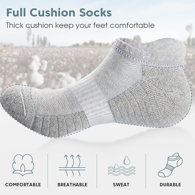TANSTC Athletic Running Ankle Socks for Men Women, Cushioned Low Cut Sport Tab Socks, 6 Pack