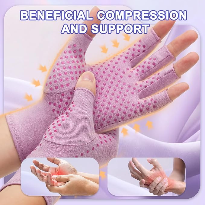 DRNAIETY 2-Pair Arthritis Compression Gloves- for Hand Arthritis, Carpal Tunnel Pain, Rheumatoid Arthritis, RSI, Fingerless, Anti-Slip, Breathable Gloves for Men & Women, Typing, Daily Use(M Purple)