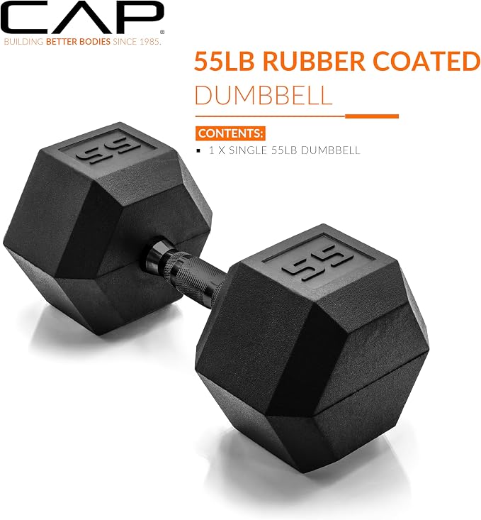 CAP Rubber Coated Dumbbell Weights, Free Weights for Home Gym Strength Training, Anti-Roll Hex Dumbbells with Black, Chrome & Comfort Grip Handles, Singles