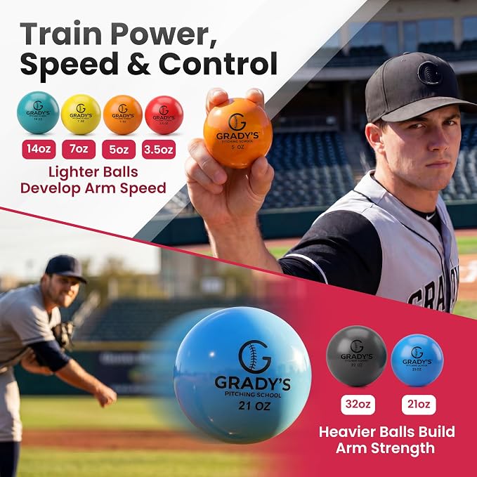 Grady's Pitching School Weighted Velocity Training Ball Set – Seam & Seamless Options for Pitching & Arm Strength + Set of 6 Balls + Carrying Case