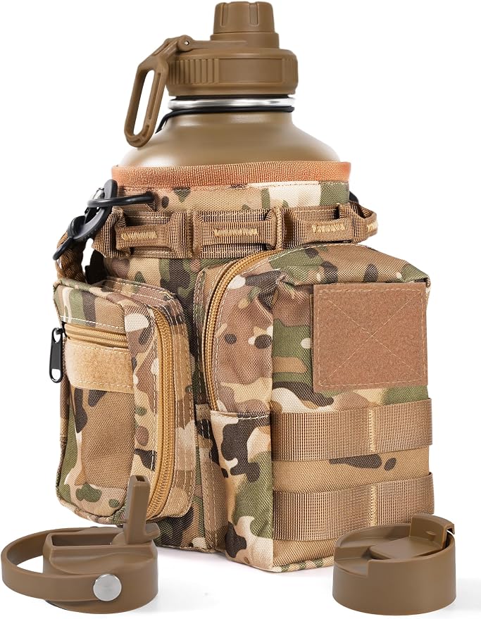 Tactical Half Gallon Water Bottle with Straw, 64 Oz Insulated Water Jug with Molle Water Bottle Holder, Stainless Steel Sport Bottle with 3 BPA Free Lids for Gym Workout Hiking (64oz-Brown)