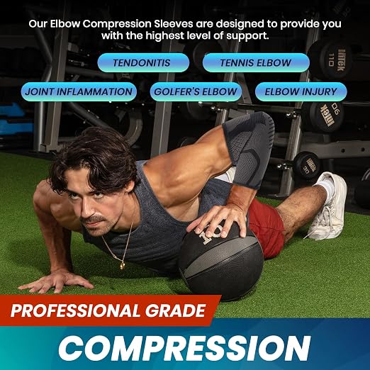 PhysFlex Elbow Brace 2 Pack for Tennis & Golfer's Elbow Pain Relief - Elbow Compression Sleeve for Weightlifting, Workout, Fitness, Arthritis, Bursitis - Tendonitis Elbow Brace for Men & Women