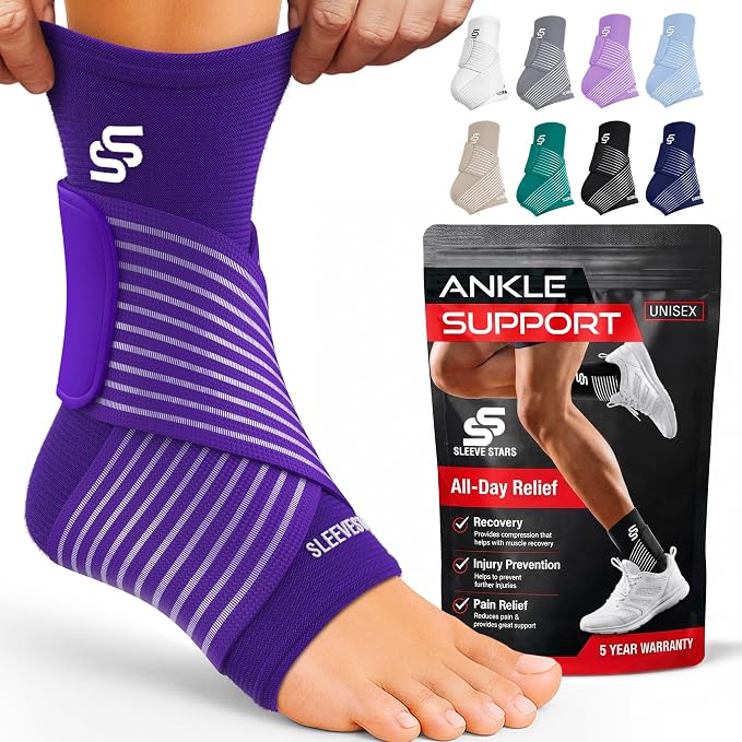 Sleeve Stars Ankle Brace for Women & Men, Ankle Wrap for Sprain, Compression Sleeve for Plantar Fasciitis Relief, Easy Customizable Support: w/ Removable Strap (Single/M:10"-12"/Dark Purple)