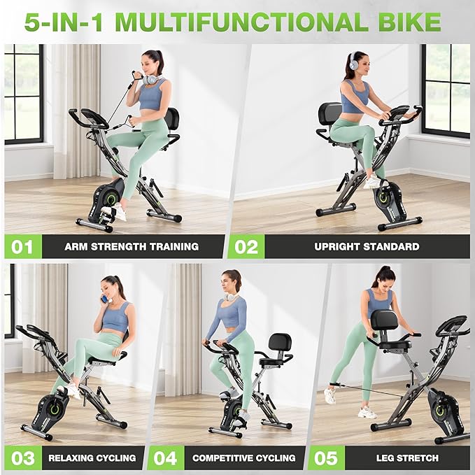 Exercise Bike, 5 in 1 Foldable Stationary Bike for Seniors, 16-Level Adjustable Magnetic Resistance, Indoor Workout Bike with 330LB Capacity, Comfortable Seat Backrest X-bike