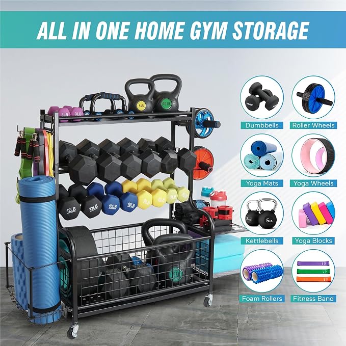STUFFSTASH Dumbbell Rack for Home Gym, Heavy Duty Weight Rack for Dumbbells, Adjustable Dumbbell Stand with Storage, 700LB Capacity Gym Equipment Organizer with Wheels