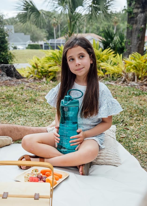 Pogo 64oz Plastic Water Bottle with Chug Lid and Carry Loop, Teal | Leakproof water bottle with chug lid and capacity markings. BPA-free, great for travel, school, outdoors, and gym.