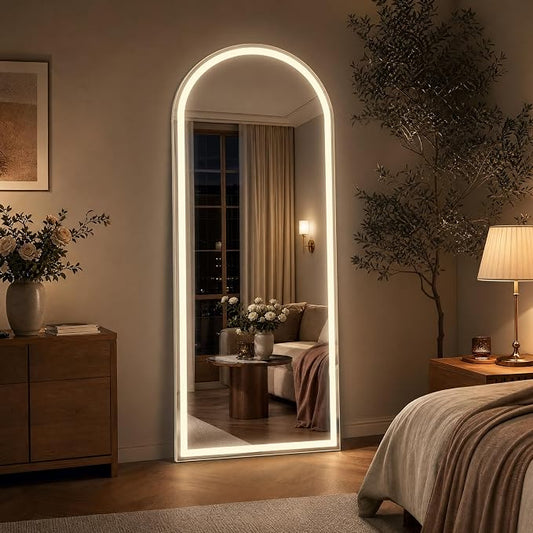 LED Arched Full Length Mirror with 3 Color Lighting 63"x20" | Floor Mirror with Dimming Aluminum Frame Standing Leaning or Hanging for Bedroom Cloakroom White