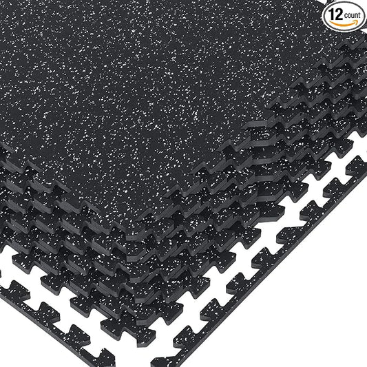 1/2" Thick 48 Sq Ft Rubber Top Gym Flooring, 12 Pcs High Density EVA Foam Exercise Equipment Mats - Interlocking Floor Tiles for Home Gym - 24 x 24in Tile, Black