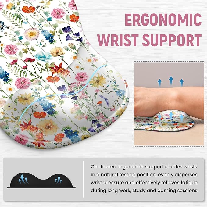 Ergonomic Mouse Pad with Wrist Rest, Gel Wrist Support, Wildflowers | 10.2 x 7.6 in Mouse Pad with Smooth Fabric Surface and Non-Slip Rubber Base for Office, Home, Study, and Gaming