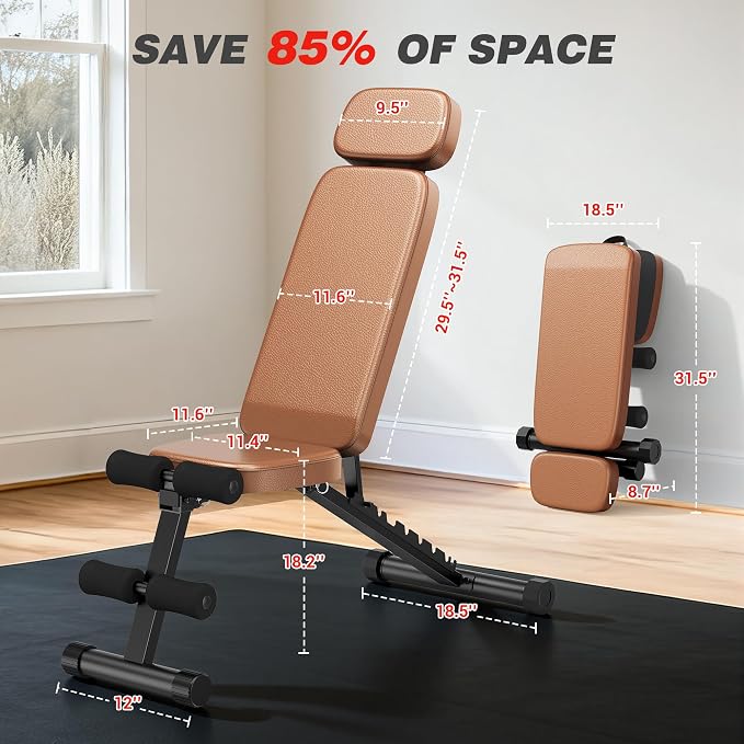 XDDIAS Workout Bench, 10 Backrests Adjustable Weight Bench with Extended Headrest, 800LBS Foldable Weight Bench for Home Gym, Incline Decline Flat Bench Compact for Small Space Training