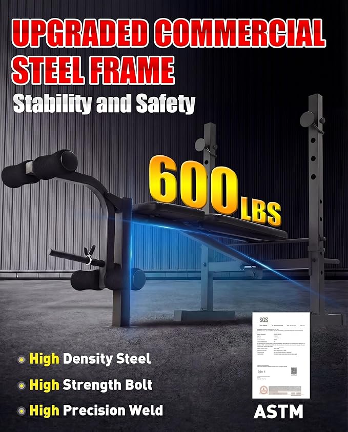 OPPSDECOR Standard Weight Bench Set with Squat Rack, 900LBS Adjustable Bench Press Set with Leg Extension and Leg Curl, Foldable Flat Incline Decline Workout Bench for Home Gym Full Body Training