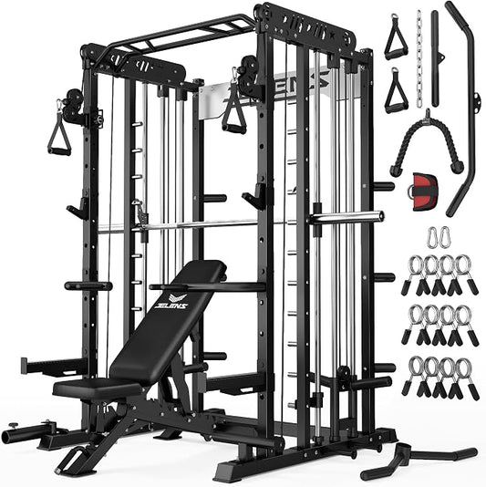 JELENS Smith Machine for Home Gym, Multi-Function M12 Power Cage with Cable Crossover System, Squat Rack with Smith Bar and More Attachment