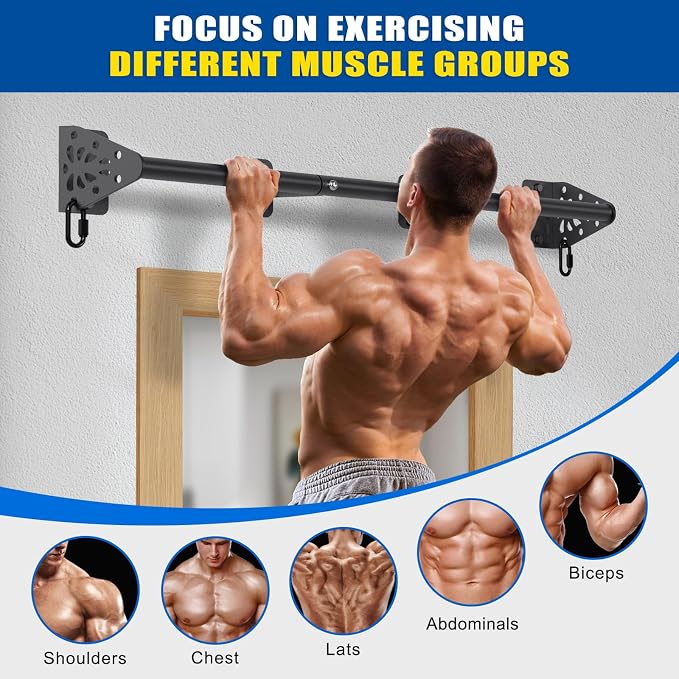 Kipika Wall Mounted Pull Up Bar - Heavy Duty 500 LB Capacity Doorway Chin Up Bar for Home Gym, Sturdy Steel Construction with Resistance Band Hooks | Hanging Exercise Bar for Full Body Workout