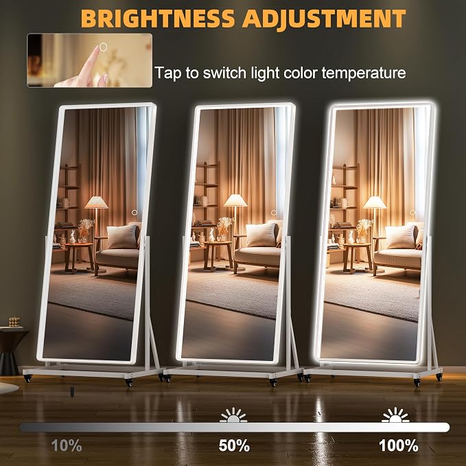 71"x24" LED Full Length Rolling Mirror 360° Rotate, Dimmable | Tempered glass & metal frame, 3-color dimmable lighting, swivel & lockable wheels, ideal for dance studio & cloakroom