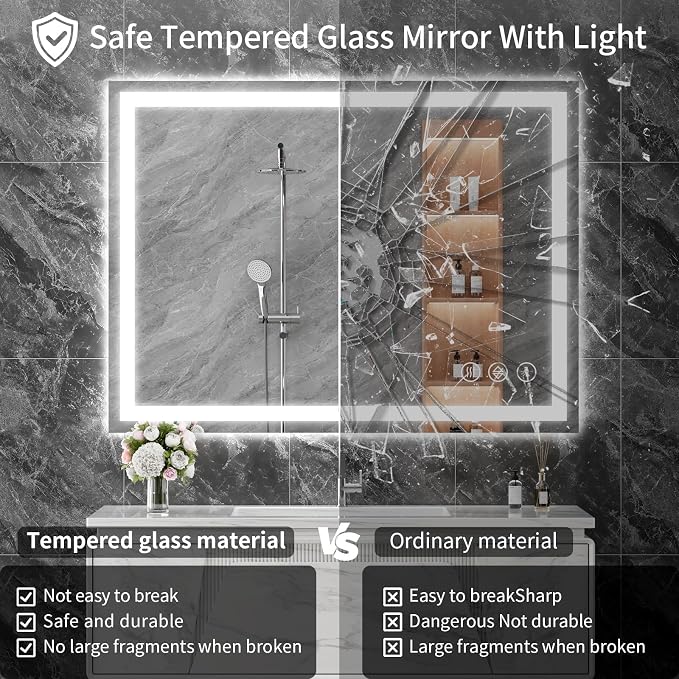 Koonmi 38x26 LED Bathroom Mirror with Light, Anti-Fog, 3 Colors | Backlit + Front Lit, Dimmable Brightness, Shatterproof HD Distortion-Free Tempered Glass, Hardware Included