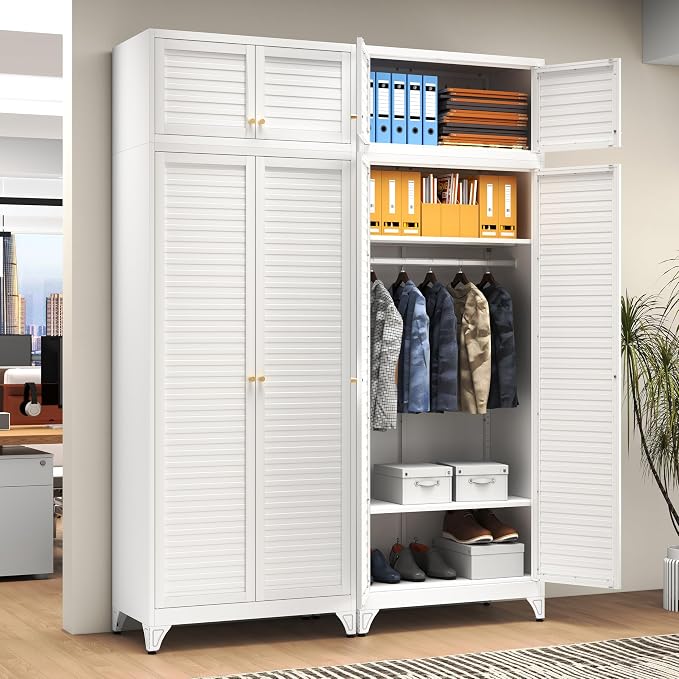 Polup 86" Tall Metal Armoire Wardrobe Closet for Hanging Clothes | White Heavy Duty Steel 4-Door Clothing Storage Cabinet with Adjustable Shelves, Rod, for Bedroom, Office (Ships in 2 Boxes)