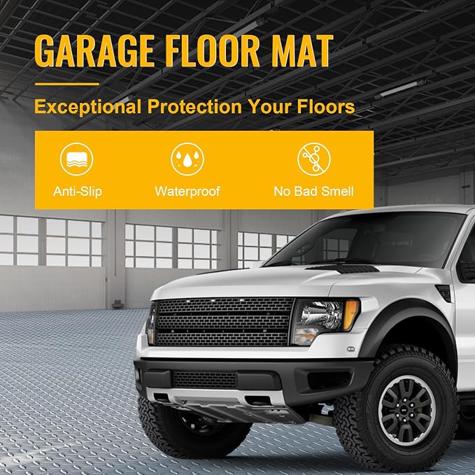 8x20 FT Garage Floor Mat, 2.8mm Thickened Flooring Roll for Under Car Diamond Plate PVC Rubber Mat with 20 Pcs Tapes, Non-Slip Floor Mat for Garage, Warehouse, Gyms, Trailer, Gray