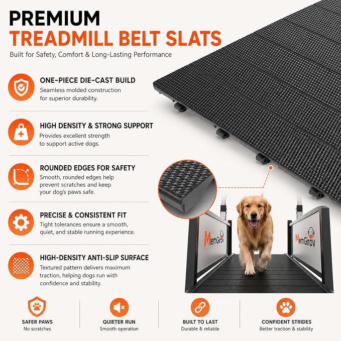 Dog Treadmill with Pin-Hinged Track & 3-Layer Shock Absorption | Waterproof dirt-resistant slats, secure disc brake lock, speed monitor, quiet wheels for indoor outdoor large pet cardio.