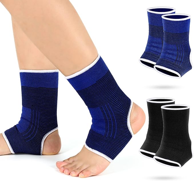 Haysandy 4 Pieces/ 2 Pair Kids Ankle Support Brace Elastic Kids Compression Socks Knitted Ankle Sleeve for Jogging Running Fitness(Black, Dark Blue,10-15 Years)