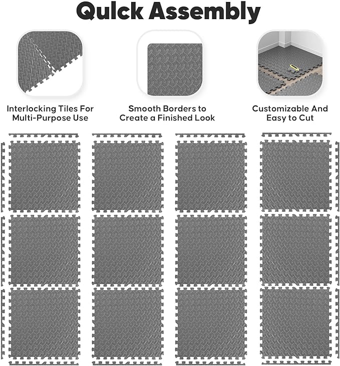 36 Pack 144 sqft Home Gym Mat, Puzzle Exercise Mat, EVA Interlocking Foam Floor Tiles for Home Workout Equipment and Kids' Play Areas -, 24 in x 24 in x ½ in, Grey 36 Tiles