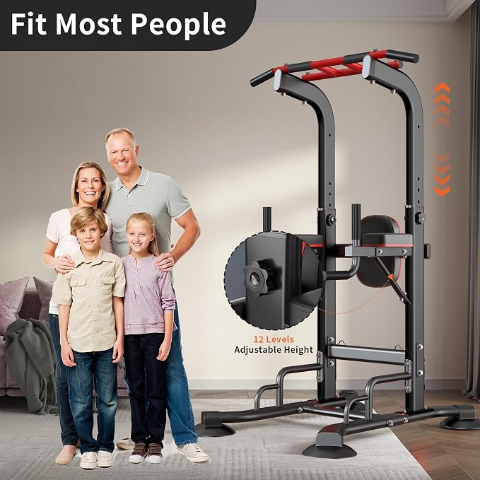 SogesHome Pull Up Bar and Dip Station Adjustable Home Gym Fitness Equipment | Multifunctional Heavy Duty Power Tower 330LB Capacity, Free Standing Strength Training Exercise Machine for Full Body Workout
