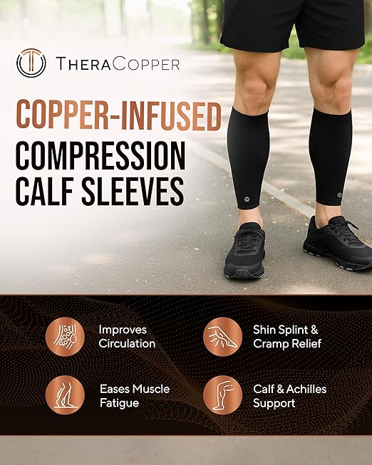 TheraCopper Copper Calf Compression Sleeve — Premium Copper Compression Shin Sleeve for Men & Women — Breathable & Non-Slip Leg Sleeves for Runners, Shin Splints, Muscle Recovery & Leg Fatigue (Small)