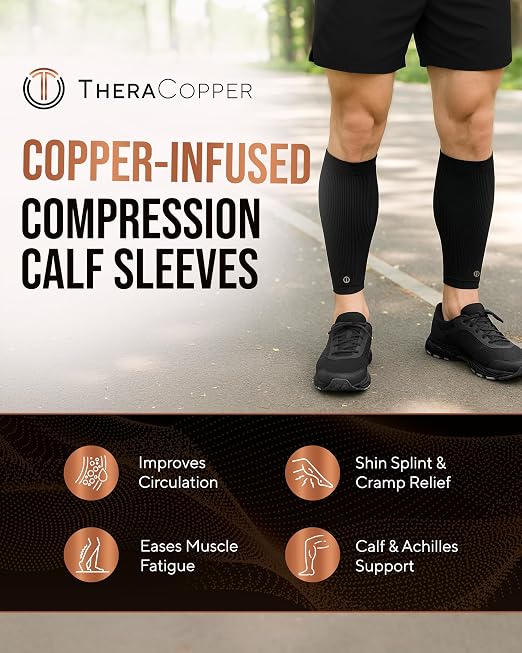 TheraCopper Copper Calf Compression Sleeve — Premium Copper Compression Shin Sleeve for Men & Women — Breathable & Non-Slip Leg Sleeves for Runners, Shin Splints, Muscle Recovery & Leg Fatigue (X-Large)