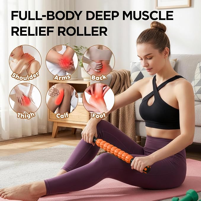 Muscle Roller & Massage Roller Stick for Athletes - Lymphatic Drainage Support, Relieves Muscle Soreness, Cramping & Tightness - Targets Legs, Arms, Back & Calves （Orange Wheel）