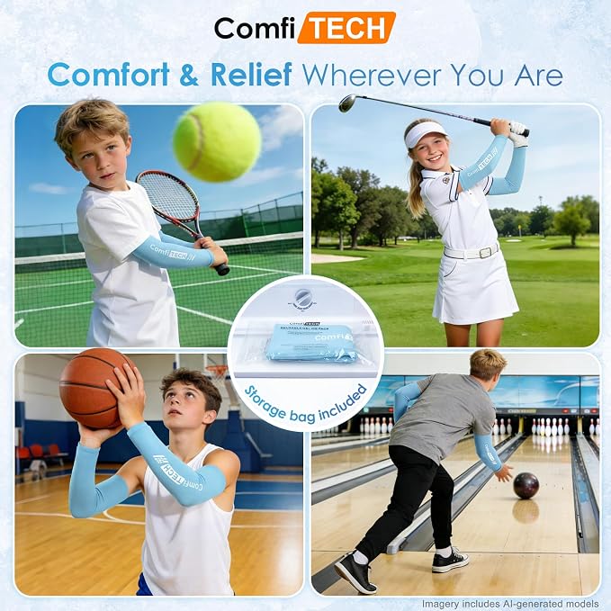 ComfiTECH Youth Full Arm Elbow Ice Pack Wrap, Tennis Cold Sleeve, Large | Flexible Gel Ice Sleeve for Teen Golfers Arm, Pitchers Throwing Recovery, Reusable Brace for Forearm Wrist Muscle Discomfort