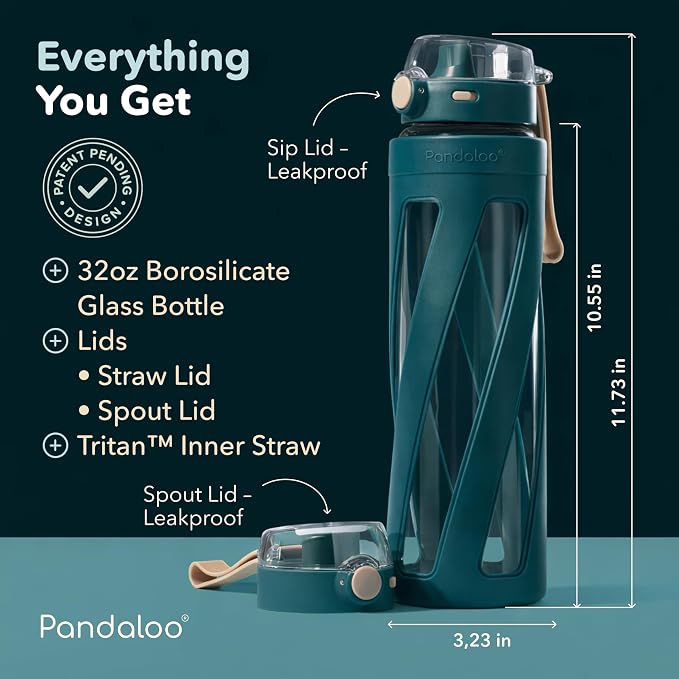 Pandaloo® Orbit 32 oz Glass Water Bottle with 2 Leak-Proof Lids (Straw & Spout), Wide Mouth, Borosilicate Glass, BPA-Free, Cup Holder Friendly for Gym, Work, Travel & Daily Hydration- Intense Teal