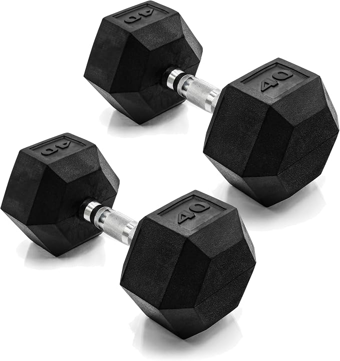 CAP Rubber Coated Dumbbell Weights, Free Weights for Home Gym Strength Training, Anti-Roll Hex Dumbbells with Black, Chrome & Comfort Grip Handles, Pairs & Sets