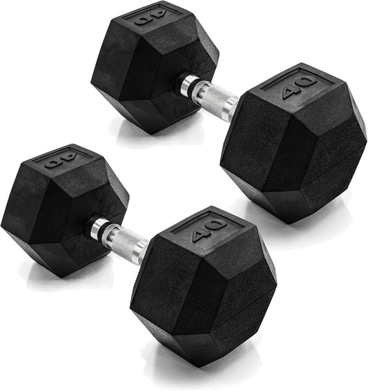 CAP Rubber Coated Dumbbell Weights, Free Weights for Home Gym Strength Training, Anti-Roll Hex Dumbbells with Black, Chrome & Comfort Grip Handles, Pairs & Sets