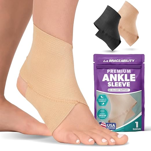 BraceAbility Ankle Compression Sleeve, Ankle Support Brace for Sprained Ankle, Swelling, Tendonitis, Foot Compression Wrap for Running, Ankle Support for Women and Men (Large - Beige)