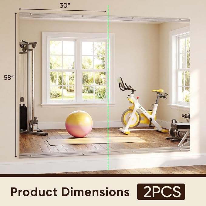 Antok Home Gym Mirror 58"x30" 2PCS, Large Full Length Wall Mounted Mirrors, Frameless Tempered Glass Full Body Mirror for Gym Yoga Dance Studio Garage Bedroom & Bathroom