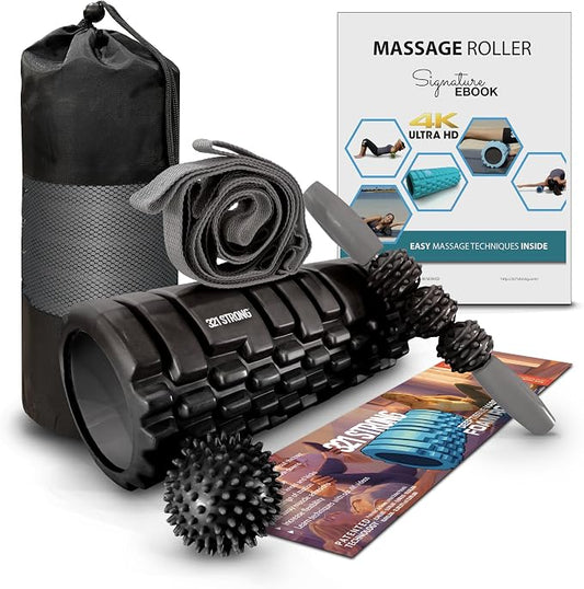 321 STRONG 5-in-1 Massage Set, Complete Mobility Kit for Workout Recovery | Deep Tissue Roller for Legs, Spikey Foot Ball, Hamstring Stretch Strap, Quad Roller Stick, Carry Bag